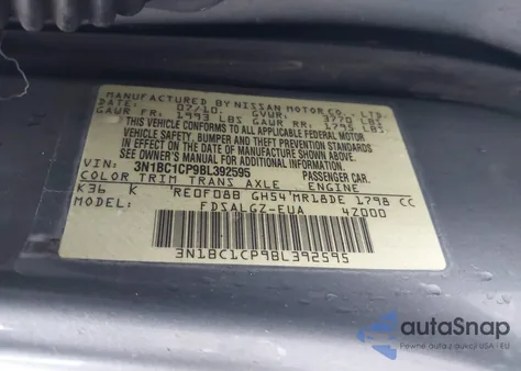 2011 Nissan Versa 1.8Sl z USA, uszkodzony, nr VIN 3N1BC1CP9BL392595